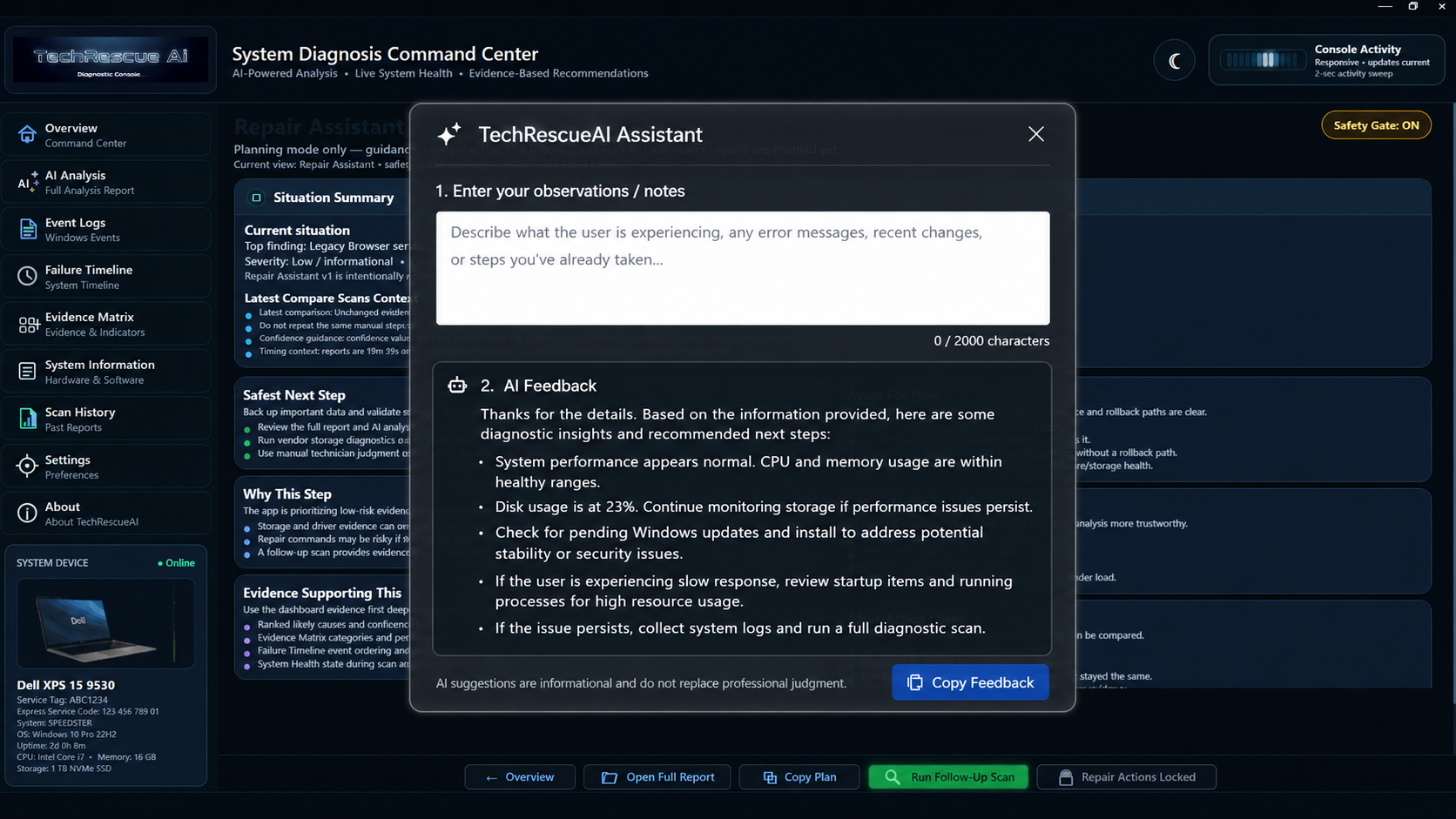 AI Assistant observation panel concept